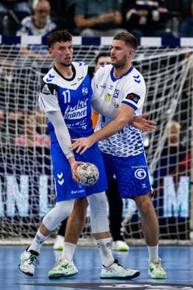 FLENSBURG, GERMANY - SEPTEMBER 30: Marko Grgic (SG Flensburg-Handewitt, 17) against Guillermo JosÃ Fischer (Fraikin BM. Granollers, 29) during the EHF European League match between SG Flensburg-Handewitt vs Fraikin BM. Granollers at GGW Arena on matchday 1 of the Group Matches Group E on September 30, 2026 in Flensburg, Germany. Schleswig-Holstein Germany Copyright: xMarioxM.xKobergx