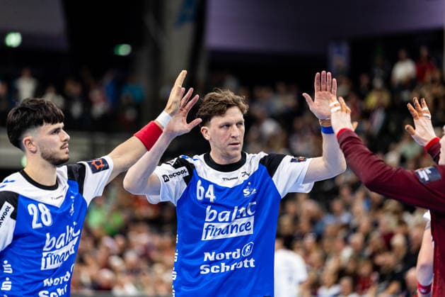 FLENSBURG, GERMANY - SEPTEMBER 30: celebration goal celebration Lasse Kjaer Moller (SG Flensburg-Handewitt, 64) during the EHF European League match between SG Flensburg-Handewitt vs Fraikin BM. Granollers at GGW Arena on matchday 1 of the Group Matches Group E on September 30, 2026 in Flensburg, Germany. Schleswig-Holstein Germany Copyright: xMarioxM.xKobergx