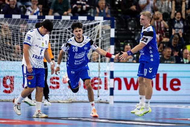 FLENSBURG, GERMANY - SEPTEMBER 30: Patrick Volz (SG Flensburg-Handewitt, 28) and Emil Siersbaek Bergholt (SG Flensburg-Handewitt, 14) during the EHF European League match between SG Flensburg-Handewitt vs Fraikin BM. Granollers at GGW Arena on matchday 1 of the Group Matches Group E on September 30, 2026 in Flensburg, Germany. Schleswig-Holstein Germany Copyright: xMarioxM.xKobergx