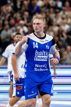 FLENSBURG, GERMANY - SEPTEMBER 30: celebration goal celebration Emil Siersbaek Bergholt (SG Flensburg-Handewitt, 14) during the EHF European League match between SG Flensburg-Handewitt vs Fraikin BM. Granollers at GGW Arena on matchday 1 of the Group Matches Group E on September 30, 2026 in Flensburg, Germany. Schleswig-Holstein Germany Copyright: xMarioxM.xKobergx