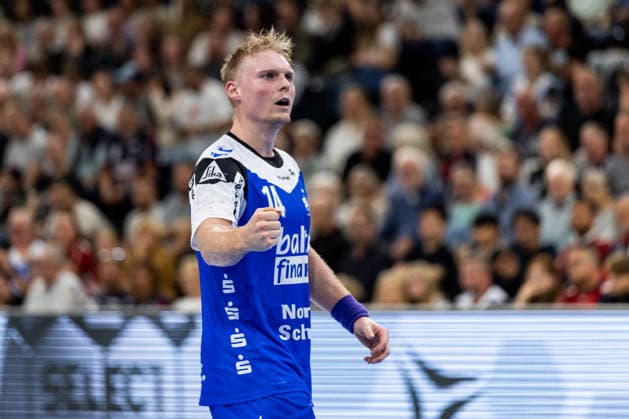 FLENSBURG, GERMANY - SEPTEMBER 30: celebration goal celebration Emil Siersbaek Bergholt (SG Flensburg-Handewitt, 14) during the EHF European League match between SG Flensburg-Handewitt vs Fraikin BM. Granollers at GGW Arena on matchday 1 of the Group Matches Group E on September 30, 2026 in Flensburg, Germany. Schleswig-Holstein Germany Copyright: xMarioxM.xKobergx