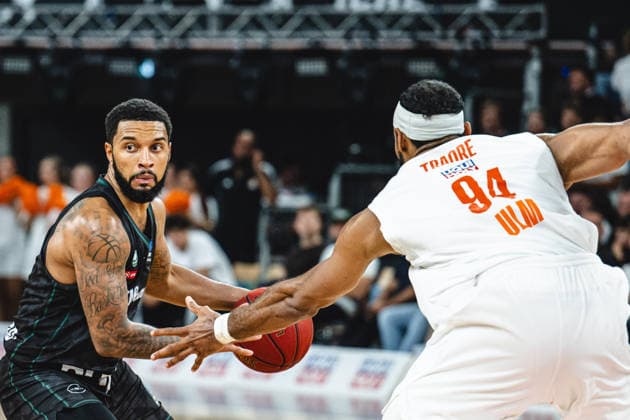 Darnell Edge of Balkan Botevgrad and Armel Traore of ratiopharm ulm battle for the ball during the 2026–2027 BKT EuroCup match between ratiopharm ulm and Balkan Botevgrad at ratiopharm Arena on September 30, 2026 in Neu Ulm, Germany. Photo by Harry Langer, DeFodi Images