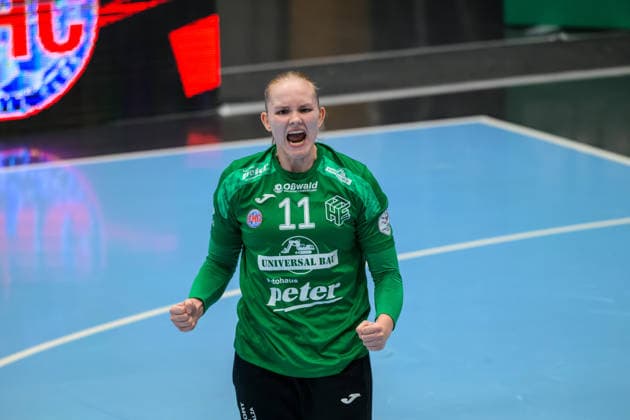 Laura Kuske, Thueringer HC, 11 Celebrating a Save GER, Thueringer HC vs. HSG Blomberg Lippe, Handball, DHB Cup, 2026–2027 Season, 2nd Round, Wednesday, 7:00 p.m., September 30, 2026 GER, Thuringer HC vs. HSG Blomberg Lippe, Handball, DHB Cup, 2026–2027 Season, Round 2, Wednesday, 7:00 p.m., September 30, 2026, Bad Langensalza Copyright: xMartinxHerbstx