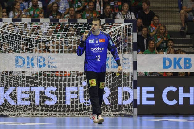 September 30, 2026, xgox, Opel HBL Handball, SC Magdeburg vs. THW Kiel, from left: Matej Mandic (Magdeburg), 12 celebrating a saved shot, blocked, saved, Magdeburg goalkeeper