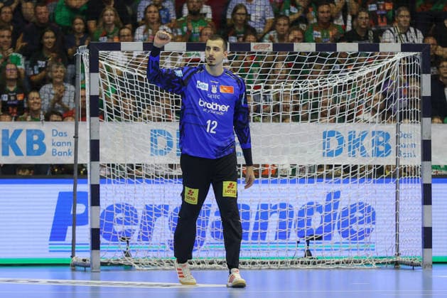 September 30, 2026, xgox, Opel HBL Handball, SC Magdeburg vs. THW Kiel, from left: Matej Mandic (Magdeburg), 12 celebrating a saved shot, blocked, saved, Magdeburg goalkeeper
