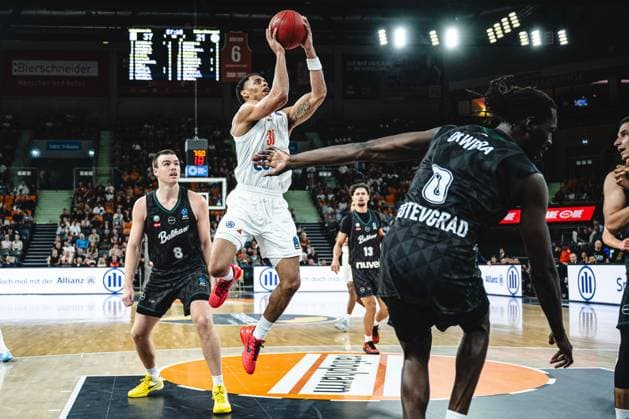Alexander Ducas, Balkan Botevgrad, Jaylen Sims of ratiopharm Ulm and Wena David Okwera of Balkan Botevgrad battle for the ball during the BKT EuroCup 2026–2027 match between ratiopharm Ulm and Balkan Botevgrad at ratiopharm Arena on September 30, 2026 in Neu Ulm, Germany. Photo by Harry Langer, DeFodi Images