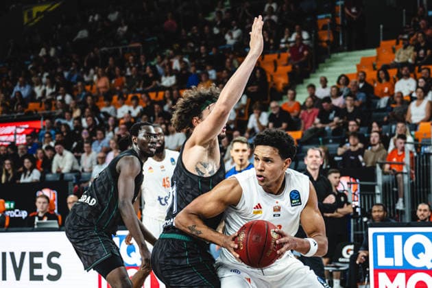 Ivan Spirov of Balkan Botevgrad and Michael Rataj of ratiopharm ulm battle for the ball during the 2026–2027 BKT EuroCup match between ratiopharm ulm and Balkan Botevgrad at ratiopharm Arena on September 30, 2026 in Neu Ulm, Germany. Photo by Harry Langer, DeFodi Images