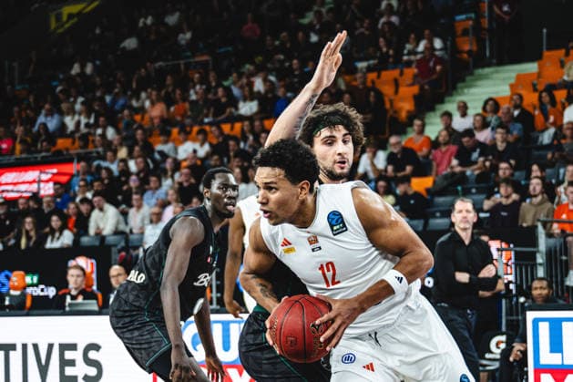 Ivan Spirov of Balkan Botevgrad and Michael Rataj of ratiopharm ulm battle for the ball during the 2026–2027 BKT EuroCup match between ratiopharm ulm and Balkan Botevgrad at ratiopharm Arena on September 30, 2026 in Neu Ulm, Germany. Photo by Harry Langer, DeFodi Images
