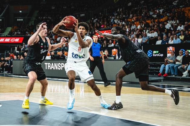 Alexander Ducas, Balkan Botevgrad, Meissa Faye of ratiopharm Ulm and Wena David Okwera of Balkan Botevgrad battle for the ball during the 2026–2027 BKT EuroCup match between ratiopharm Ulm and Balkan Botevgrad at ratiopharm Arena on September 30, 2026 in Neu Ulm, Germany. Photo by Harry Langer, DeFodi Images