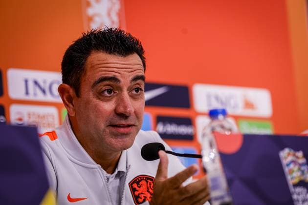 THESSALONIKI , 30-09-2026 , Toumba Stadium , season 2026 2027 , UEFA Nations League football , Picture shows Netherlands trainer coach Xavi Hernandez during the press conference, PK, Pressekonferenz md-1 Press conference Netherlands in Thessaloniki  x207759915x Copyright: