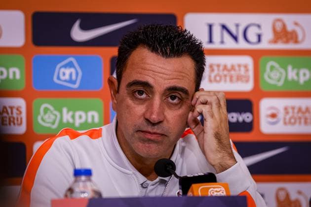THESSALONIKI , 30-09-2026 , Toumba Stadium , season 2026 2027 , UEFA Nations League football , Picture shows Netherlands trainer coach Xavi Hernandez during the press conference, PK, Pressekonferenz md-1 Press conference Netherlands in Thessaloniki  x207759950x Copyright: