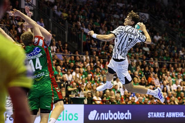 Julian Köster, THW Kiel, 7th Handball Bundesliga Season 2026–2027: SC Magdeburg vs. THW Kiel at the GETEC Arena in Magdeburg; Action, Handball, Germany, September 30, 2026