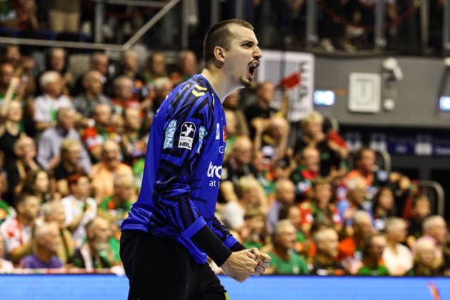 Goalkeeper Matej Mandic, SC Magdeburg, 12th round of the 2026–2027 Handball Bundesliga season: SC Magdeburg vs. THW Kiel at the GETEC Arena in Magdeburg; single frame, action, handball, Germany, September 30, 2026