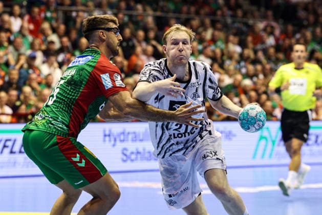Eric Johansson (THW Kiel), 21, vs. Antonio Serradilla (SC Magdeburg), 15, Handball Bundesliga Season 2026–2027, SC Magdeburg vs. THW Kiel at the GETEC Arena in Magdeburg, Action, Handball, Germany, September 30, 2026