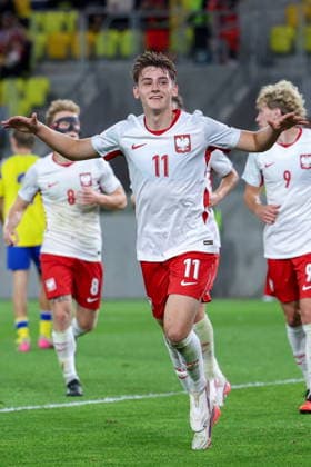 Katowice 30.09.2026. Football European Qualifiers match between Poland U21, U 21 and Sweden U21 in Katowice, Poland --- Mecz eliminacji do Mistrzostw Europy pomiedzy Polska U21 a Szwecja U21 w Katowicach, Polska Persons Shown : Bartosz Mazurek cieszynka, celebrations Fot. Michal Gaciarz Arena Akcji NEWSPIX.PL --- newspix.pl 