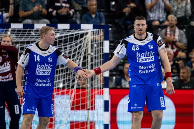 FLENSBURG, GERMANY - SEPTEMBER 30: Emil Siersbaek Bergholt (SG Flensburg-Handewitt, 14), Blaz Blagotinsek (SG Flensburg-Handewitt, 43) during the EHF European League match between SG Flensburg-Handewitt vs Fraikin BM. Granollers at GGW Arena on matchday 1 of the Group Matches Group E on September 30, 2026 in Flensburg, Germany. Schleswig-Holstein Germany Copyright: xMarioxM.xKobergx