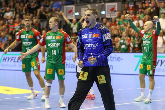 September 30, 2026, xgox, Opel HBL Handball, SC Magdeburg vs. THW Kiel, emspor, from left: Dominik Kuzmanovic (Magdeburg), celebrating a saved shot, blocked, saved, Magdeburg goalkeeper