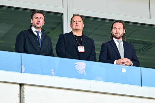 L-R FACR Vice President Zdenek Grygera, Football Association President David Trunda, and General Manager of the National Teams Pavel Nedved watch the UEFA Under-21 European Football Championship qualifier Group B match Czechia vs Bulgaria, Hradec Kralove, Czech Republic, September 30, 2026. (CTKxPhoto DavidxTanecek) CTKPhotoP2026093008087  CTKPhotoP2026093008087