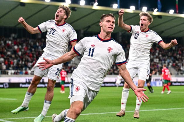 L-R Pavel Kacor, Lukas Masek, and Albert Labik (all CZE) celebrate a goal in the UEFA Under-21 European Football Championship qualifier Group B match Czechia vs Bulgaria, Hradec Kralove, Czech Republic, September 30, 2026. (CTKxPhoto DavidxTanecek) CTKPhotoP2026093008236  CTKPhotoP2026093008236