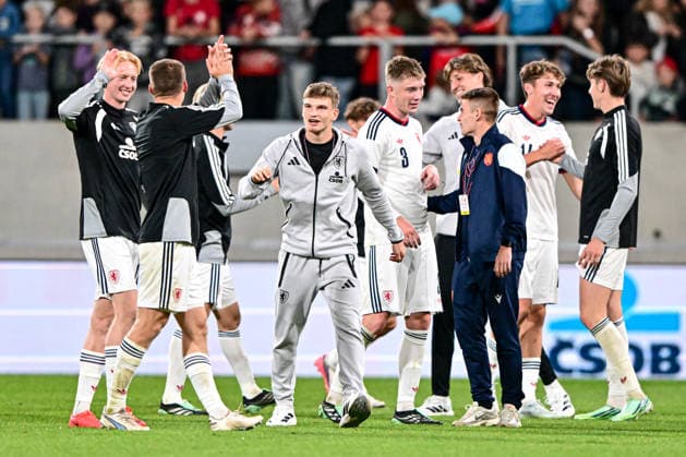 Czech players celebrate victory in the UEFA Under-21 European Football Championship qualifier Group B match Czechia vs Bulgaria, Hradec Kralove, Czech Republic, September 30, 2026. (CTKxPhoto DavidxTanecek) CTKPhotoP2026093008586  CTKPhotoP2026093008586