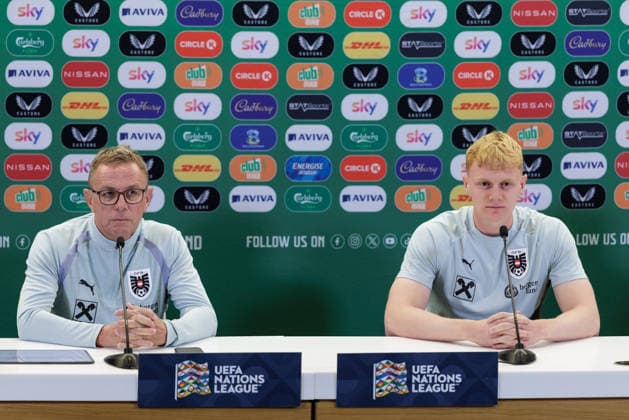 SOCCER - NL, IRL vs AUT DUBLIN,IRELAND,30.SEP.26 - SOCCER - UEFA Nations League, OEFB international match, Länderspiel, Nationalmannschaft Ireland vs Austria, preview, press conference, PK, Pressekonferenz team AUT. Image shows head coach Ralf Rangnick and Nicolas Seiwald (AUT).  GEPAxpictures xArminxRauthner