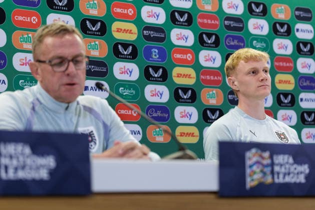 SOCCER - NL, IRL vs AUT DUBLIN,IRELAND,30.SEP.26 - SOCCER - UEFA Nations League, OEFB international match, Länderspiel, Nationalmannschaft Ireland vs Austria, preview, press conference, PK, Pressekonferenz team AUT. Image shows head coach Ralf Rangnick and Nicolas Seiwald (AUT).  GEPAxpictures xArminxRauthner