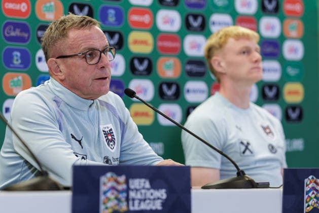 SOCCER - NL, IRL vs AUT DUBLIN,IRELAND,30.SEP.26 - SOCCER - UEFA Nations League, OEFB international match, Länderspiel, Nationalmannschaft Ireland vs Austria, preview, press conference, PK, Pressekonferenz team AUT. Image shows head coach Ralf Rangnick and Nicolas Seiwald (AUT).  GEPAxpictures xArminxRauthner