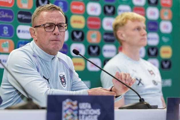 SOCCER - NL, IRL vs AUT DUBLIN,IRELAND,30.SEP.26 - SOCCER - UEFA Nations League, OEFB international match, Länderspiel, Nationalmannschaft Ireland vs Austria, preview, press conference, PK, Pressekonferenz team AUT. Image shows head coach Ralf Rangnick and Nicolas Seiwald (AUT).  GEPAxpictures xArminxRauthner