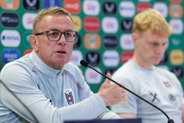 SOCCER - NL, IRL vs AUT DUBLIN,IRELAND,30.SEP.26 - SOCCER - UEFA Nations League, OEFB international match, Länderspiel, Nationalmannschaft Ireland vs Austria, preview, press conference, PK, Pressekonferenz team AUT. Image shows head coach Ralf Rangnick and Nicolas Seiwald (AUT).  GEPAxpictures xArminxRauthner