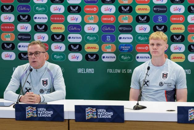 SOCCER - NL, IRL vs AUT DUBLIN,IRELAND,30.SEP.26 - SOCCER - UEFA Nations League, OEFB international match, Länderspiel, Nationalmannschaft Ireland vs Austria, preview, press conference, PK, Pressekonferenz team AUT. Image shows head coach Ralf Rangnick and Nicolas Seiwald (AUT).  GEPAxpictures xArminxRauthner