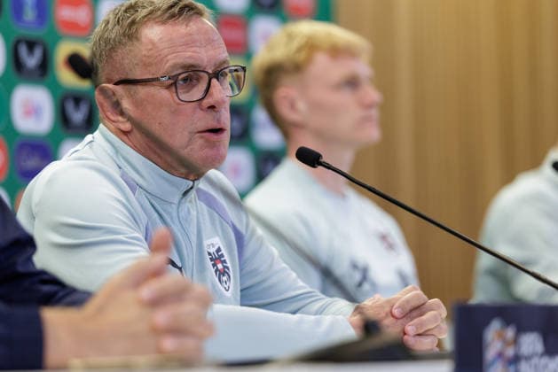 SOCCER - NL, IRL vs AUT DUBLIN,IRELAND,30.SEP.26 - SOCCER - UEFA Nations League, OEFB international match, Länderspiel, Nationalmannschaft Ireland vs Austria, preview, press conference, PK, Pressekonferenz team AUT. Image shows head coach Ralf Rangnick and Nicolas Seiwald (AUT).  GEPAxpictures xArminxRauthner