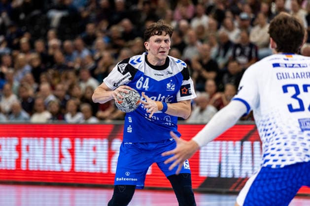 FLENSBURG, GERMANY - SEPTEMBER 30: Lasse Kjaer Moller (SG Flensburg-Handewitt, 64) against Pablo Guijarro (Fraikin BM. Granollers, 32) during the EHF European League match between SG Flensburg-Handewitt vs Fraikin BM. Granollers at GGW Arena on matchday 1 of the Group Matches Group E on September 30, 2026 in Flensburg, Germany. Schleswig-Holstein Germany Copyright: xMarioxM.xKobergx