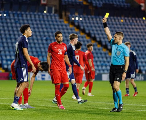 30.09.2026 Scotland U21, U 21 v Azerbaijan: Jeremiah Mullen of Scotland with a dive in the box and a booking  Copyright: xWilliexVassx NINTCHDBPICT001112375388