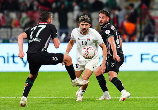 Konyaspor v Palestine - Friendly KONYA, TURKIYE - SEPTEMBER 30: Mohammed Anas Khairaldin of Palestine in action against Melih Ibrahimoglu (77) of Konyaspor during a friendly match between Konyaspor and the Palestine National Football Team as part of Palestine Day events at Konya Metropolitan Municipality Stadium in Konya, Turkiye on September 30, 2026. Evrim Aydin Anadolu Konya Turkey. Editorial use only. Please get in touch for any other usage.  Copyright: x2026xAnadoluxEvrimxAydinx
