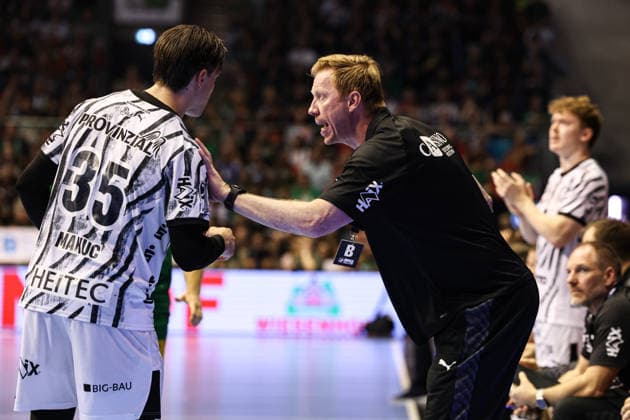 Coach Borge Lund of THW Kiel with Domen Makuc of THW Kiel, 35th Handball Bundesliga season 2026–2027: SC Magdeburg vs. THW Kiel at the GETEC Arena in Magdeburg, Handball, Germany, September 30, 2026