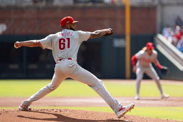 Cristopher Sánchez 61 of the Philadelphia Phillies throws a pitch in the first inning against the Philadelphia Phillies in game two of the MLB, Baseball Herren, USA National League Wild Card round at Truist Park on Wednesday, September 30, 2026 in Atlanta, Georgia.  ATL20260930103 STEVENxBURROUGHS