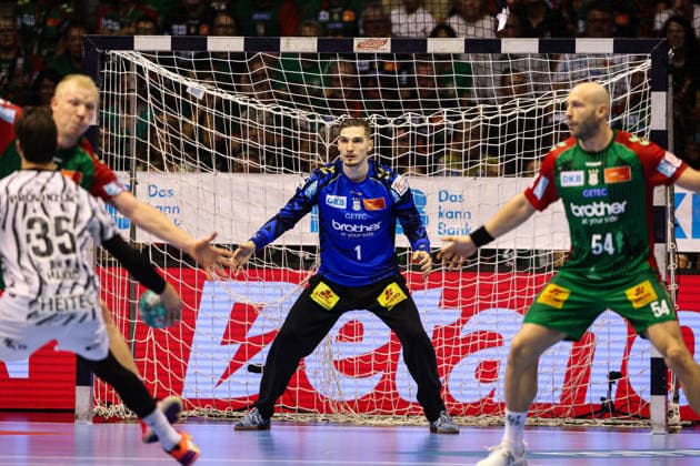 Goalkeeper Dominik Kuzmanovic, SC Magdeburg, 1st Handball Bundesliga, 2026–2027 season, SC Magdeburg vs. THW Kiel at the GETEC Arena in Magdeburg; Action, Handball, Germany, September 30, 2026