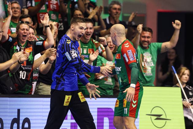 Goalkeeper Dominik Kuzmanovic (SC Magdeburg, 1) and Daniel Pettersson (SC Magdeburg, 11) Handball Bundesliga 2026–2027 season: SC Magdeburg vs. THW Kiel at the GETEC Arena in Magdeburg. Action, handball, Germany, September 30, 2026