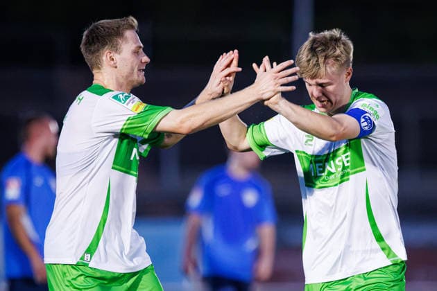 September 30, 2026, xkwix, Soccer, Krombacher Westphalia Cup, SC Herford vs. FC Gütersloh, Ludwig Jahn Stadium, Round of 16, 2026–2027 Season: Erik Lanfer (FC Gütersloh 28) celebrates after scoring the 1–0 goal with Jan Lukas Liehr (FC Gütersloh 7). DFB regulations prohibit any use of photographs as image sequences and or quasi-video. Photo: xKamilxWilkowskixPressefotoKochx North Rhine-Westphalia, Germany