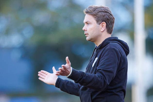 September 30, 2026, xkwix, Soccer, Krombacher Westphalia Cup, SC Herford vs. FC Gütersloh, Ludwig Jahn Stadium, Round of 16, 2026–2027 season: Tim Daseking, SC Herford coach, gesturing in disappointment. DFB regulations prohibit any use of photographs as image sequences and or quasi-video. Photo: xKamilxWilkowskixPressefotoKochx, North Rhine-Westphalia, Germany