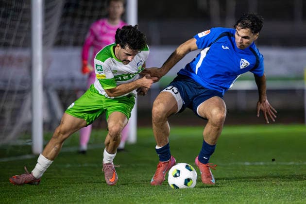 September 30, 2026, xkwix, Soccer, Krombacher Westfalen Cup, SC Herford vs. FC Gütersloh, Ludwig Jahn Stadium, Round of 16, 2026–2027 Season: Paolo Maiella (FC Gütersloh) 9 in a tackle against Cinar Sansar (SC Herford) 20. DFB regulations prohibit any use of photographs as image sequences and or quasi-video. Photo: xKamilxWilkowskixPressefotoKochx, North Rhine-Westphalia, Germany