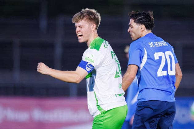 September 30, 2026, xkwix, Soccer, Krombacher Westphalia Cup, SC Herford vs. FC Gütersloh, Ludwig Jahn Stadium, Round of 16, 2026–2027 Season: Erik Lanfer of FC Gütersloh 28 celebrates after scoring the 1–0 goal. DFB regulations prohibit any use of photographs as image sequences and or quasi-video. Photo: xKamilxWilkowskixPressefotoKochx, North Rhine-Westphalia, Germany