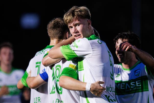 September 30, 2026, xkwix, Soccer, Krombacher Westphalia Cup, SC Herford vs. FC Gütersloh, Ludwig Jahn Stadium, Round of 16, 2026–2027 Season: Erik Lanfer of FC Gütersloh 28 celebrates after scoring the 1–0 goal against Niklas Möller of FC Gütersloh 5. DFB regulations prohibit any use of photographs as image sequences and or quasi-video. Photo: xKamilxWilkowskixPressefotoKochx North Rhine-Westphalia, Germany