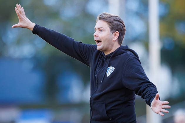 September 30, 2026, xkwix, Soccer, Krombacher Westphalia Cup, SC Herford vs. FC Gütersloh, Ludwig Jahn Stadium, Round of 16, 2026–2027 season: Tim Daseking, SC Herford coach, gesturing in disappointment. DFB regulations prohibit any use of photographs as image sequences and or quasi-video. Photo: xKamilxWilkowskixPressefotoKochx, North Rhine-Westphalia, Germany