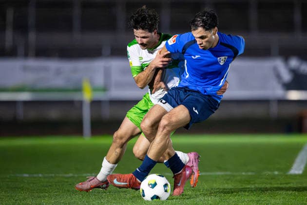 September 30, 2026, xkwix, Soccer, Krombacher Westphalia Cup, SC Herford vs. FC Gütersloh, Ludwig Jahn Stadium, Round of 16, 2026–2027 Season: Paolo Maiella (FC Gütersloh 9) in a tackle against Cinar Sansar (SC Herford 20). DFB regulations prohibit any use of photographs as image sequences and or quasi-video. Photo: xKamilxWilkowskixPressefotoKochx, North Rhine-Westphalia, Germany