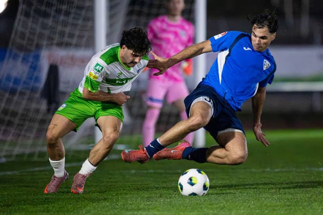 September 30, 2026, xkwix, Soccer, Krombacher Westphalia Cup, SC Herford vs. FC Gütersloh, Ludwig Jahn Stadium, Round of 16, 2026–2027 Season: Paolo Maiella (FC Gütersloh 9) in a tackle against Cinar Sansar (SC Herford 20). DFB regulations prohibit any use of photographs as image sequences and or quasi-video. Photo: xKamilxWilkowskixPressefotoKochx, North Rhine-Westphalia, Germany