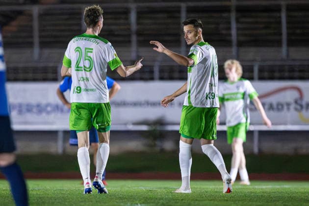 September 30, 2026, xkwix, Soccer, Krombacher Westphalia Cup, SC Herford vs. FC Gütersloh, Ludwig Jahn Stadium, Round of 16, 2026–2027 Season: Patrik Twardzik (FC Gütersloh 18) celebrates with Hannes John (FC Gütersloh 25) after scoring the goal to make it 0–2. DFB regulations prohibit any use of photographs as image sequences and or quasi-video. Photo: xKamilxWilkowskixPressefotoKochx North Rhine-Westphalia, Germany