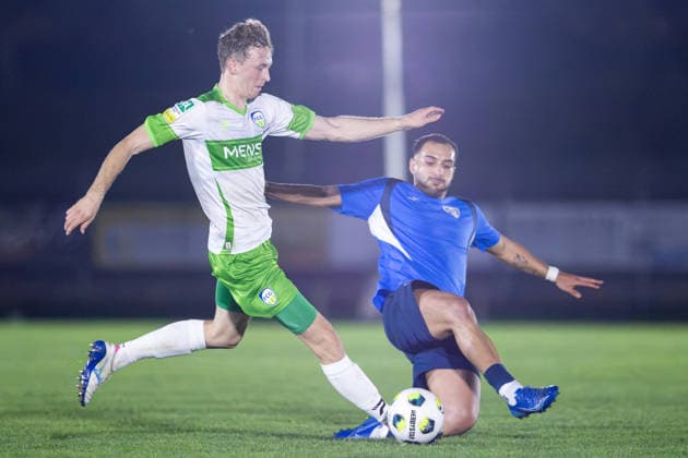 September 30, 2026, xkwix, Soccer, Krombacher Westphalia Cup, SC Herford vs. FC Gütersloh, Ludwig Jahn Stadium, Round of 16, 2026–2027 Season: Hannes John (FC Gütersloh, 25) in a tackle against Konstantinos Keissoglou (SC Herford, 21). DFB regulations prohibit any use of photographs as image sequences and or quasi-video. Photo: xKamilxWilkowskixPressefotoKochx, North Rhine-Westphalia Germany