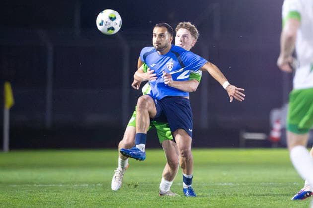 September 30, 2026, xkwix, Soccer, Krombacher Westphalia Cup, SC Herford vs. FC Gütersloh, Ludwig Jahn Stadium, Round of 16, 2026–2027 Season: Hannes John (FC Gütersloh, 25) in a tackle against Konstantinos Keissoglou (SC Herford, 21). DFB regulations prohibit any use of photographs as image sequences and or quasi-video. Photo: xKamilxWilkowskixPressefotoKochx, North Rhine-Westphalia Germany
