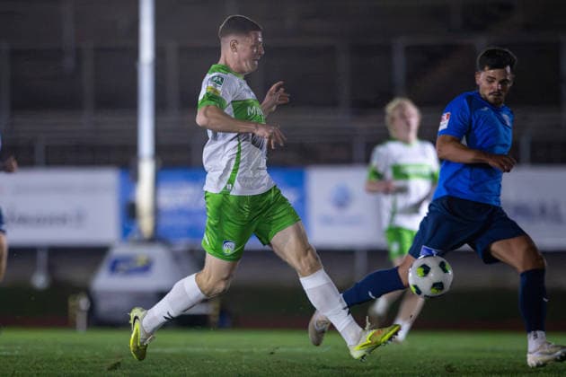 September 30, 2026, xkwix, Soccer, Krombacher Westphalia Cup, SC Herford vs. FC Gütersloh, Ludwig Jahn Stadium, Round of 16, 2026–2027 season: Justin Lukas of FC Gütersloh (No. 22) takes a shot on goal to make the score 0–3. DFB regulations prohibit any use of photographs as image sequences and or quasi-video. Photo: xKamilxWilkowskixPressefotoKochx, North Rhine-Westphalia, Germany